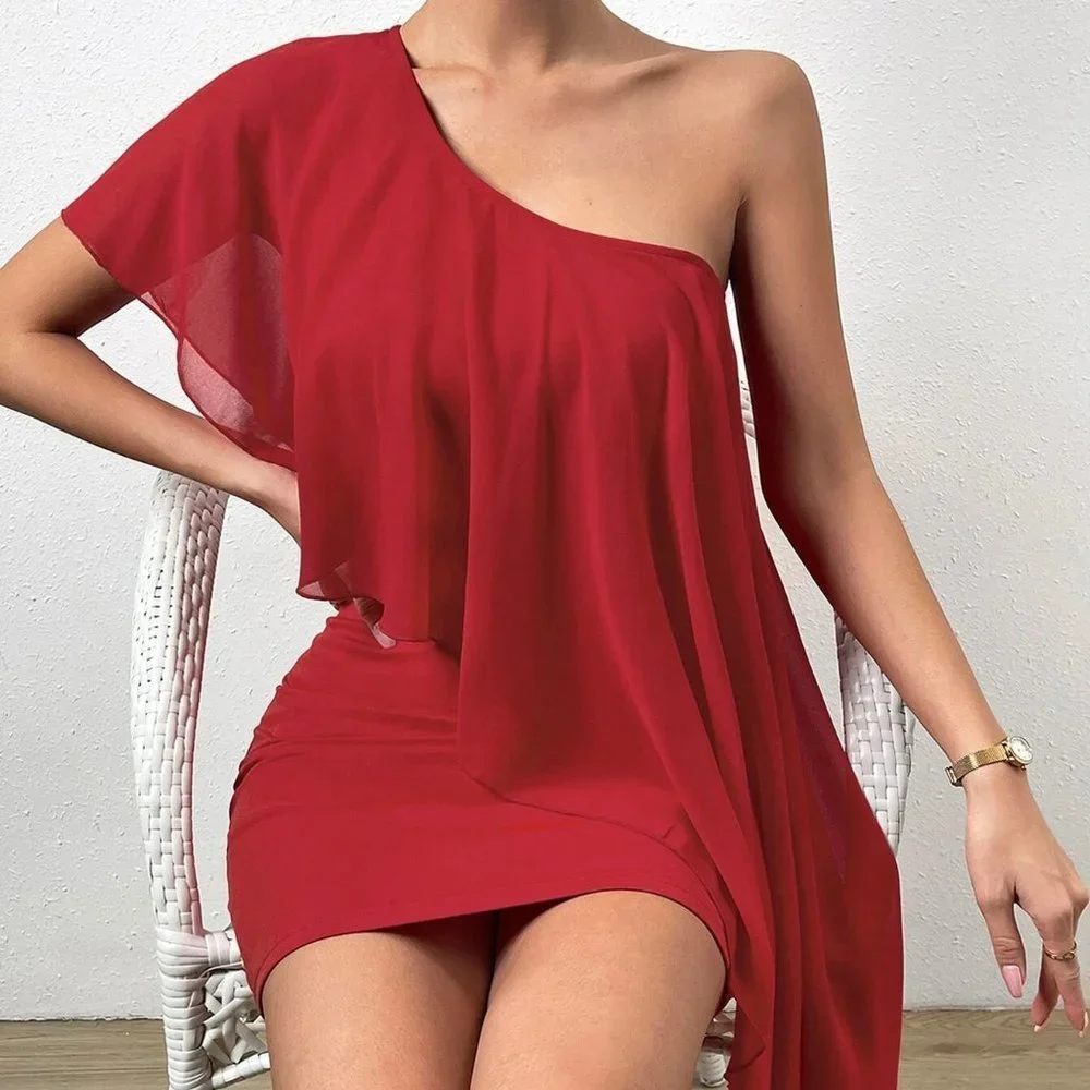 One Shoulder Exaggerated Ruffle Bodycon Dress - Picture 5 of 5